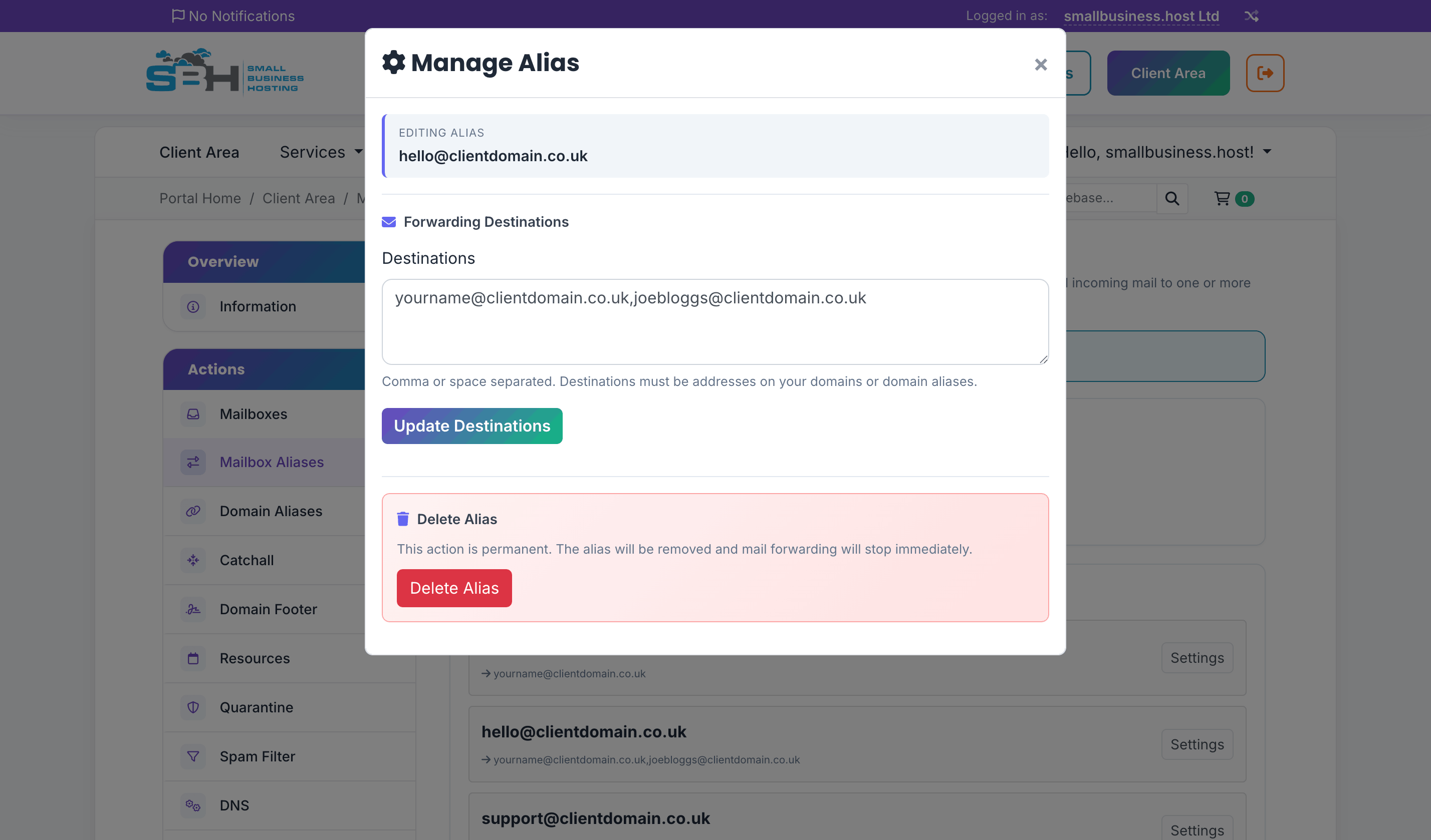 Create Alias form with an alias address field and a destinations field, overlaying a page listing existing aliases