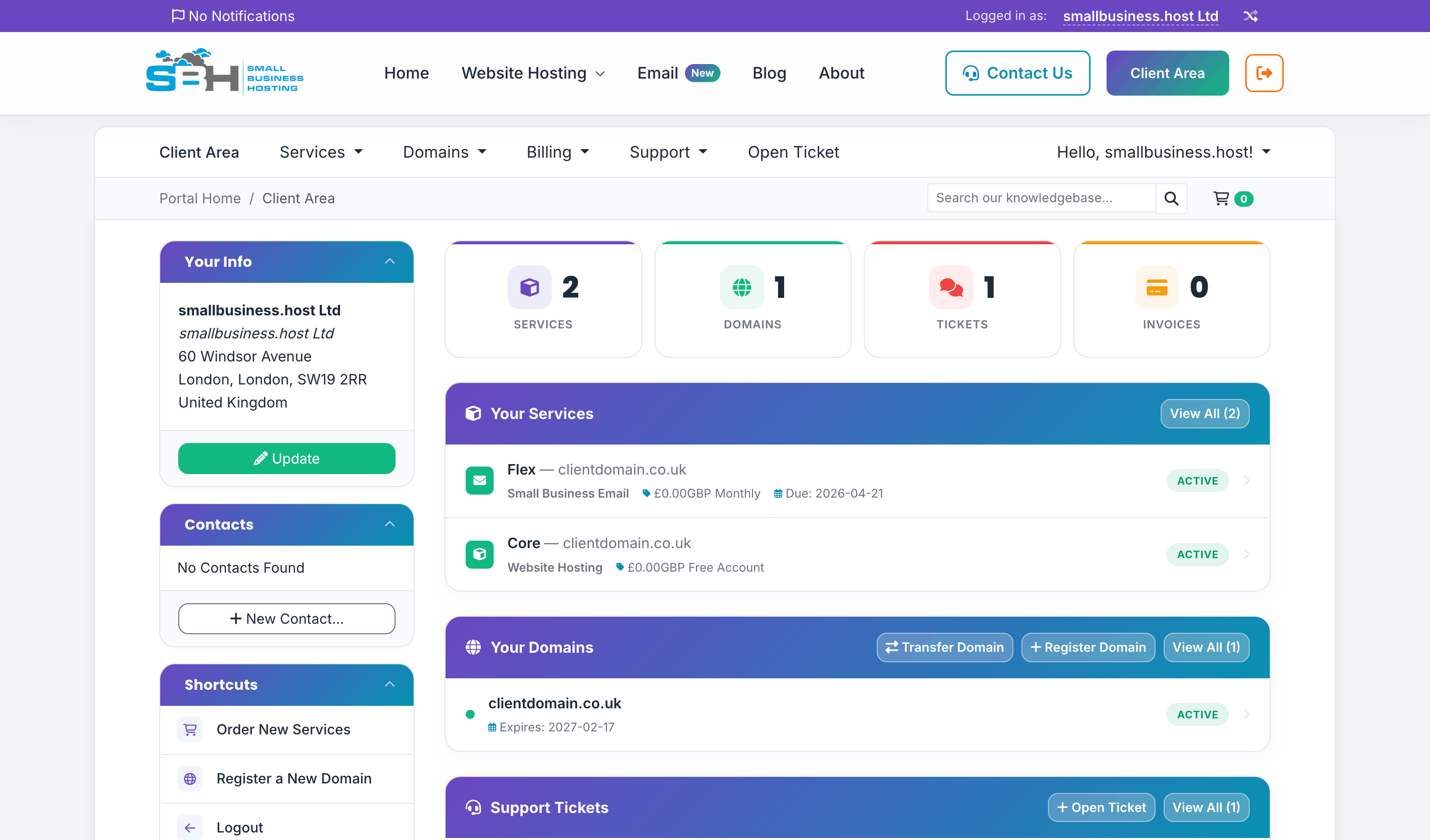 Client Management Portal showing the Small Business Email service overview with quick access to settings and support options