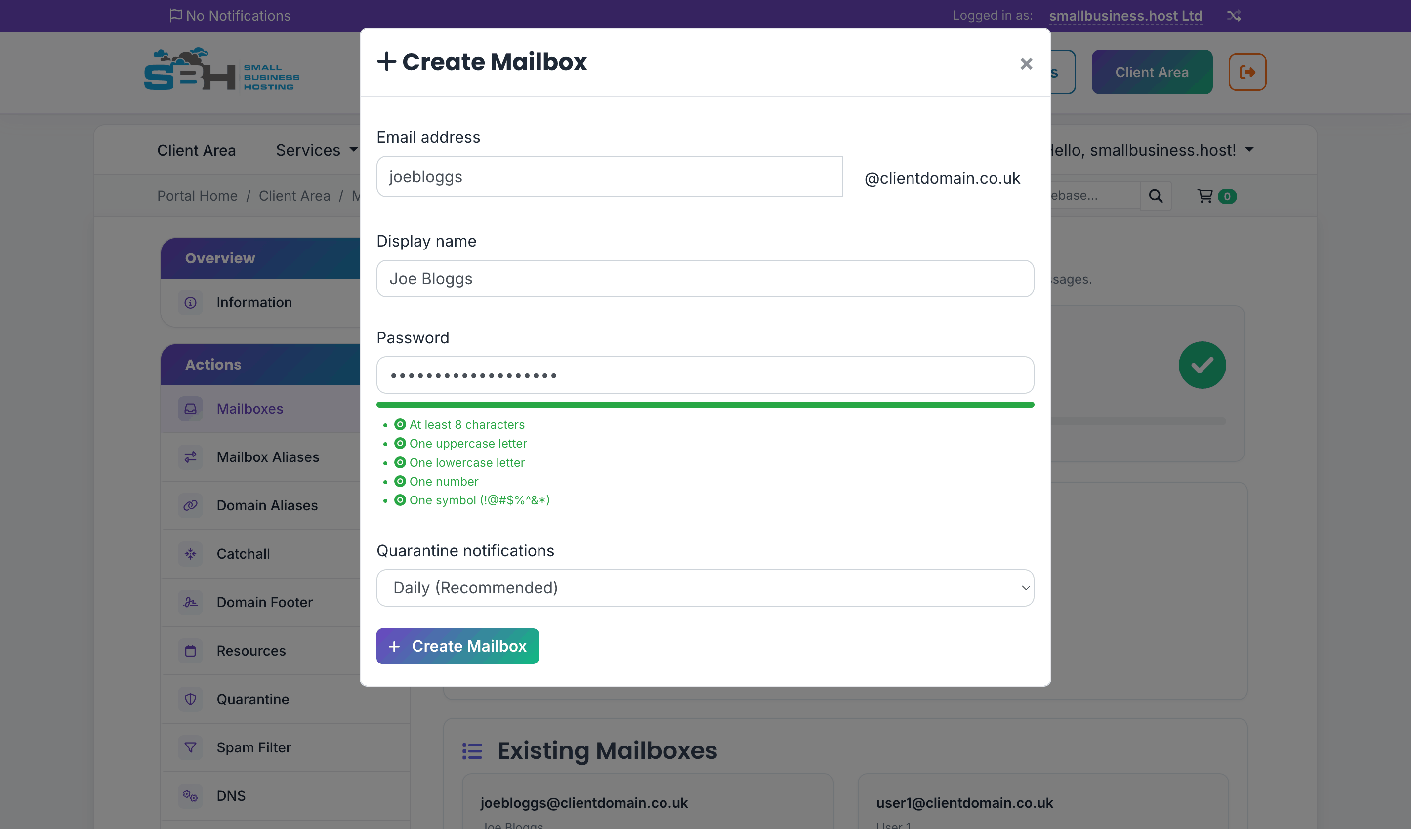 Create Mailbox form with fields for email address, display name, password with strength indicator, and quarantine notification frequency