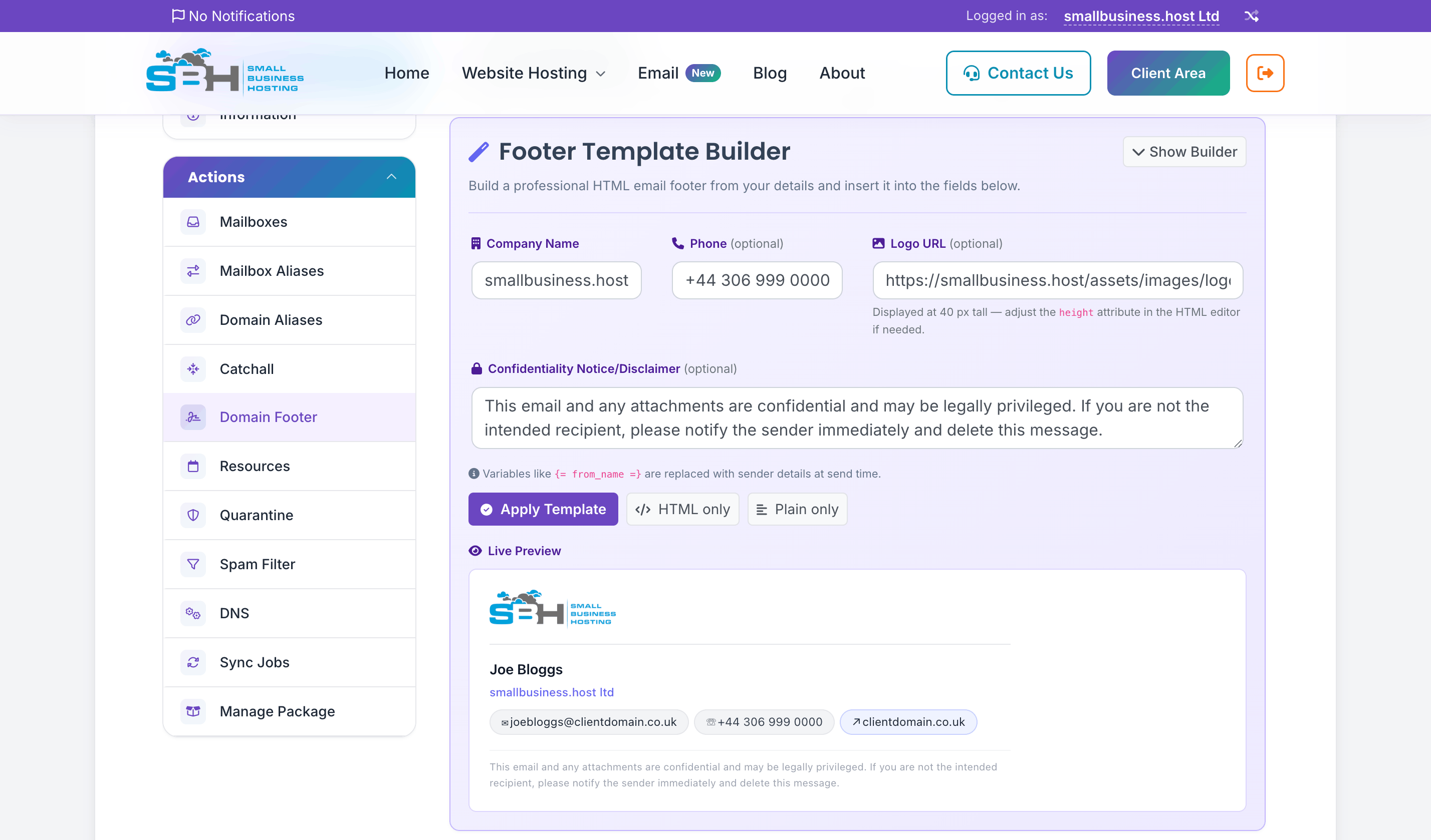 Domain Footer settings page showing an HTML editor alongside a preview card of the formatted email signature footer