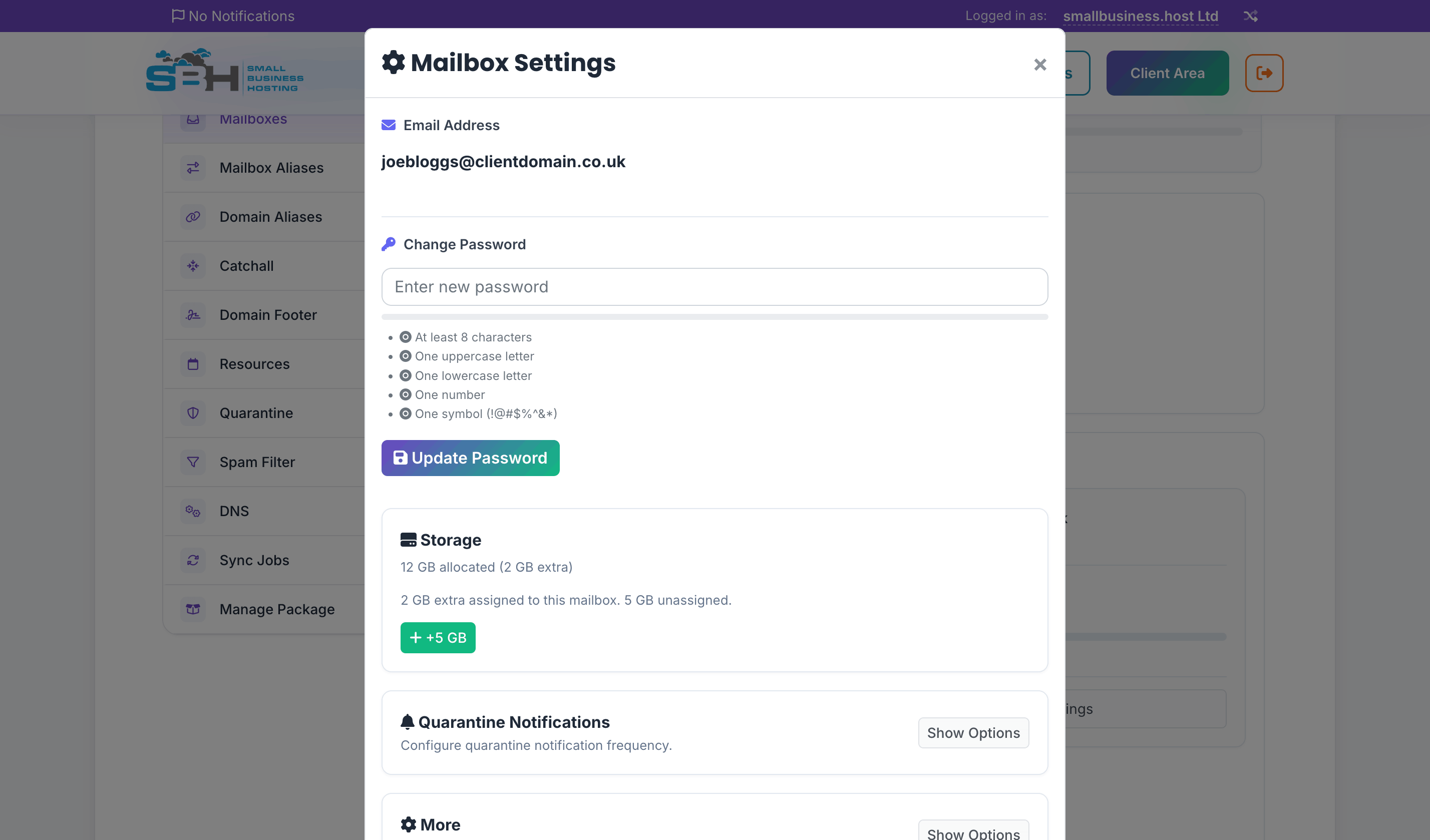 Mailbox Settings panel showing the email address, a password change form, storage allocation controls, and a quarantine notifications section