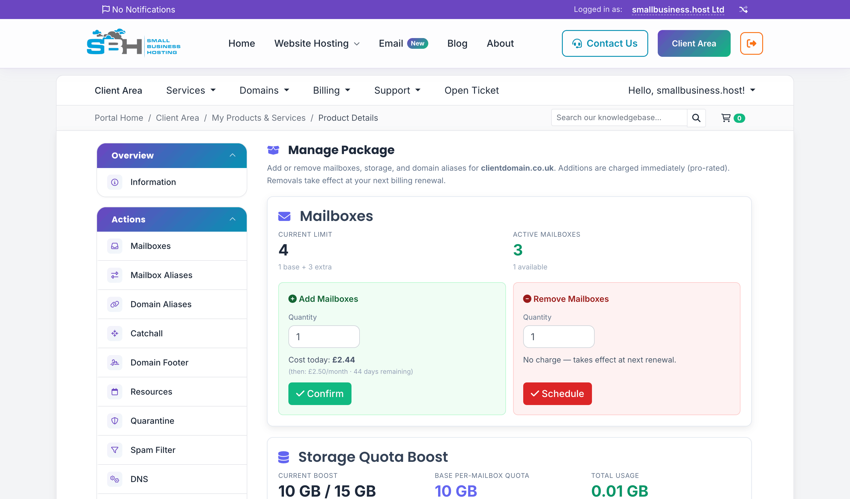 Package management page showing current plan details and options to modify mailboxes and upgrade