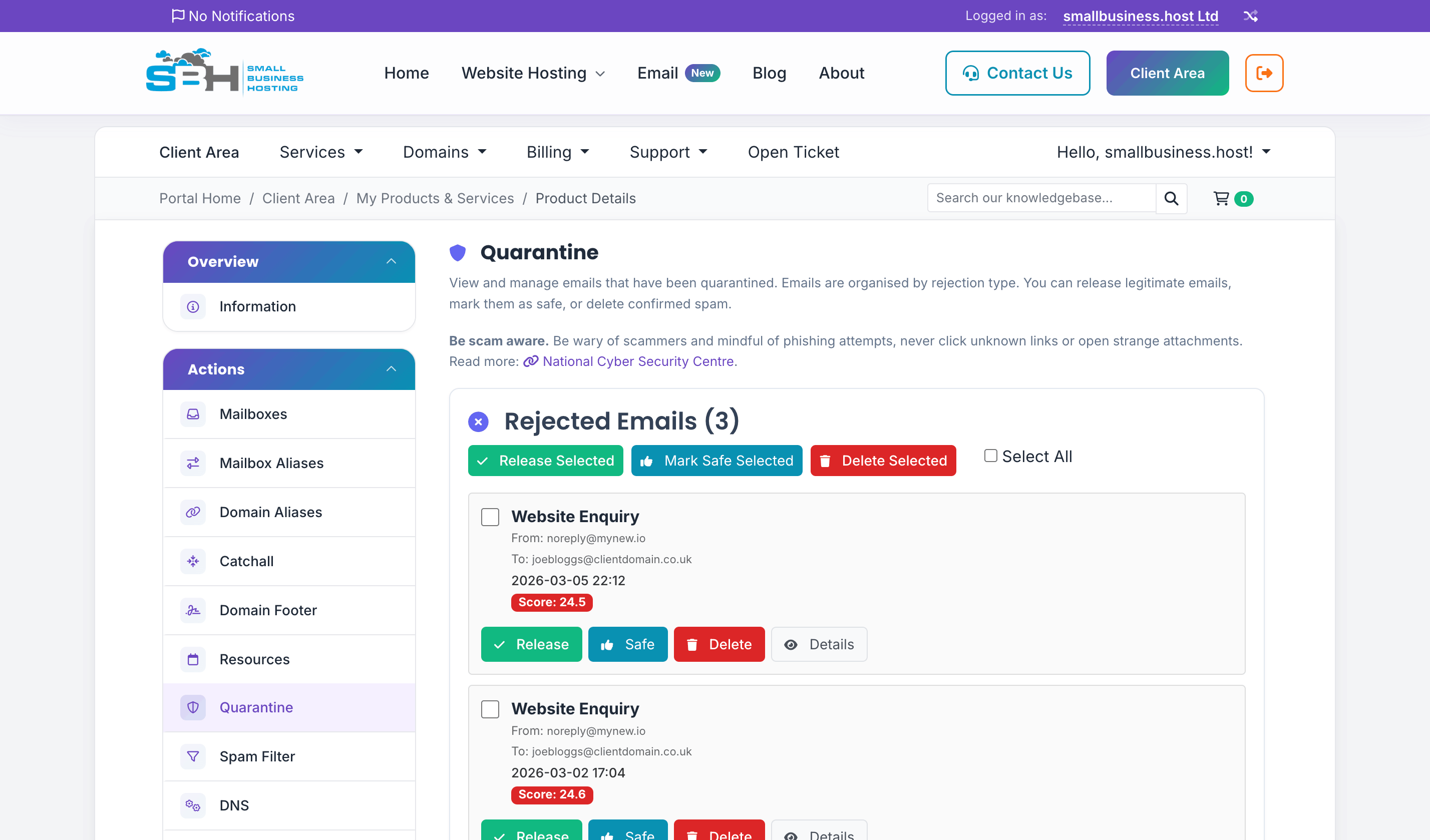 Spam quarantine page listing held emails with Release, Safe, Delete, and Details action buttons