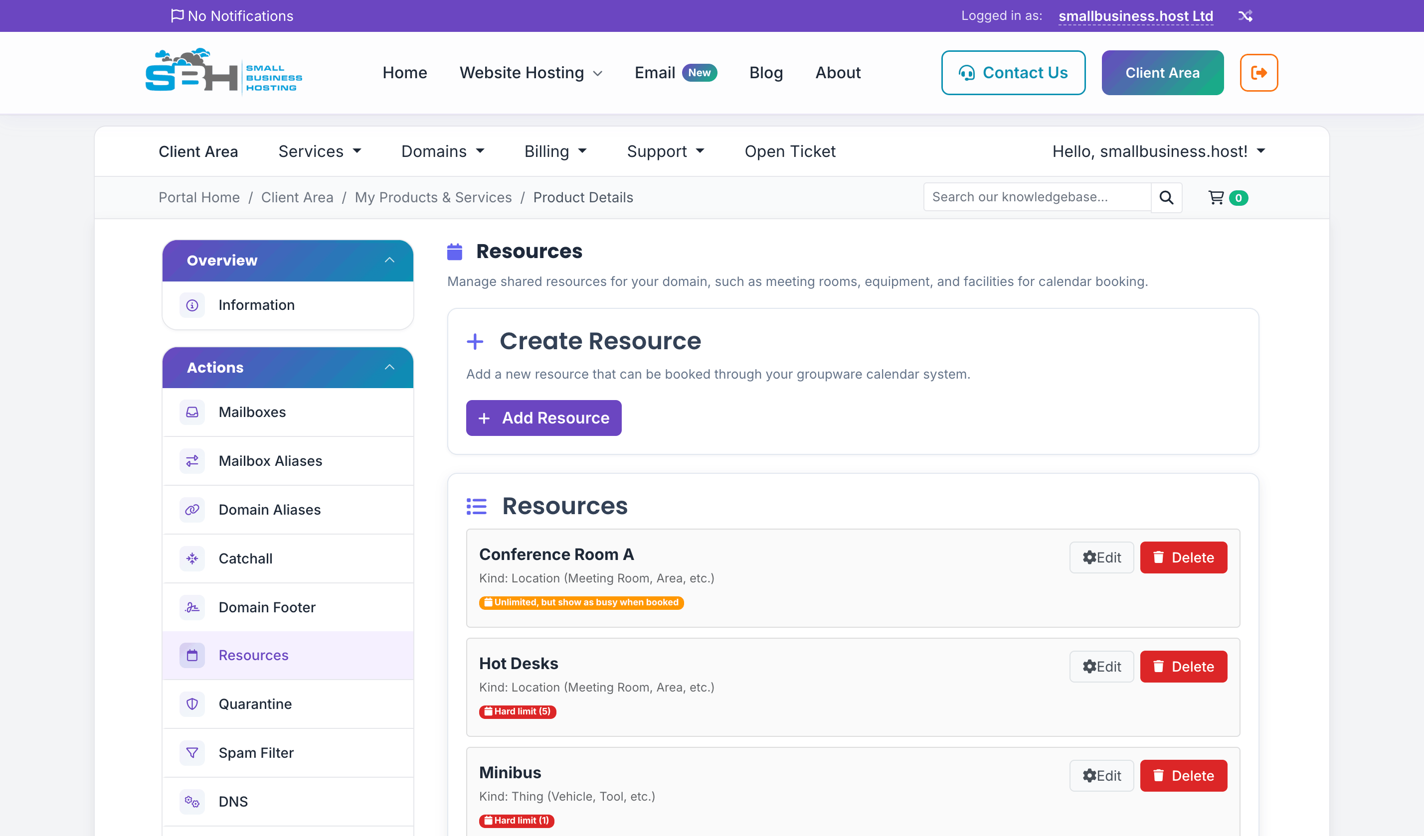 Resources management page showing a list of shared resources with options to create and manage bookable items