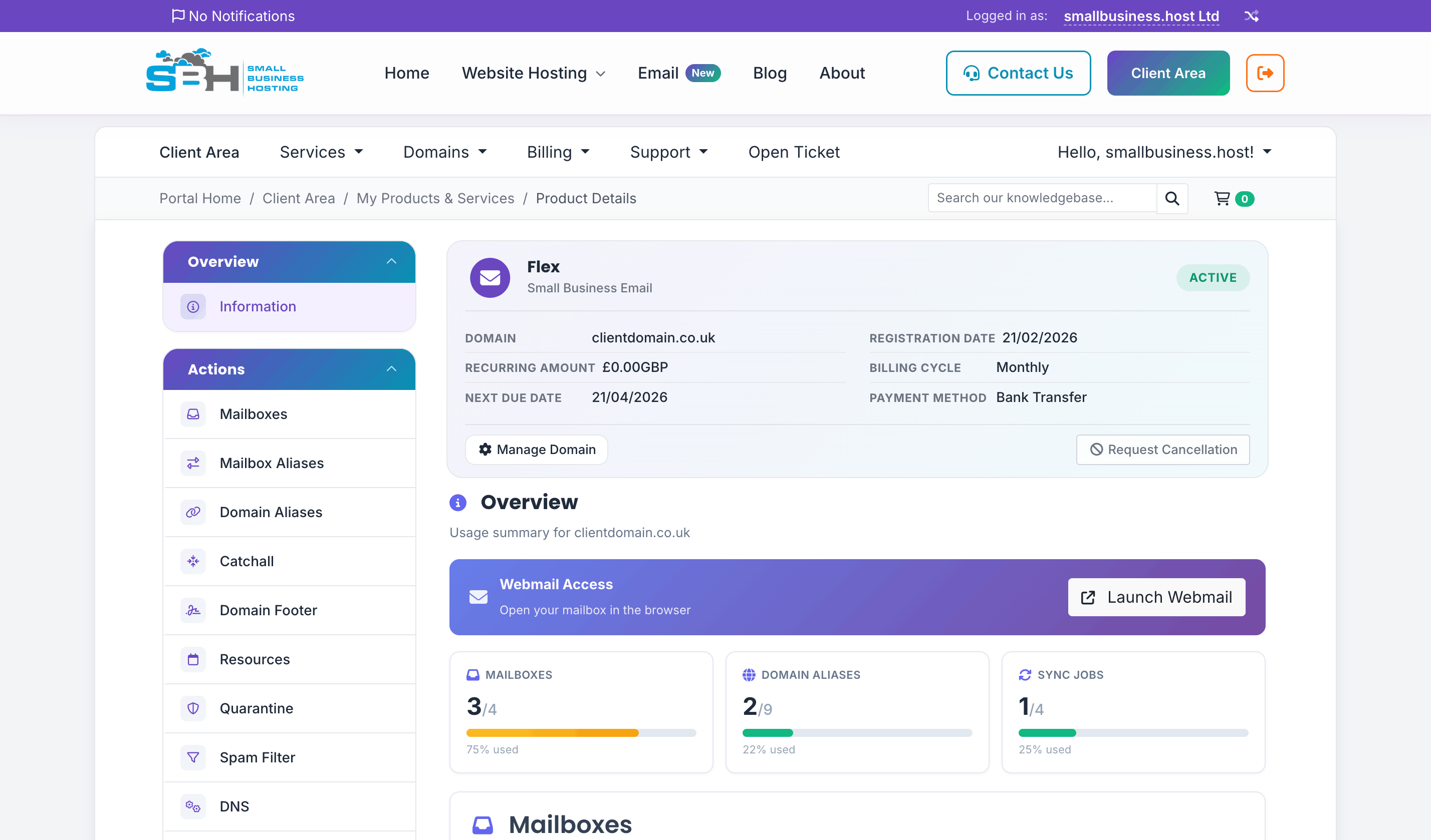Small Business Email control panel main dashboard showing account summary and navigation to key features