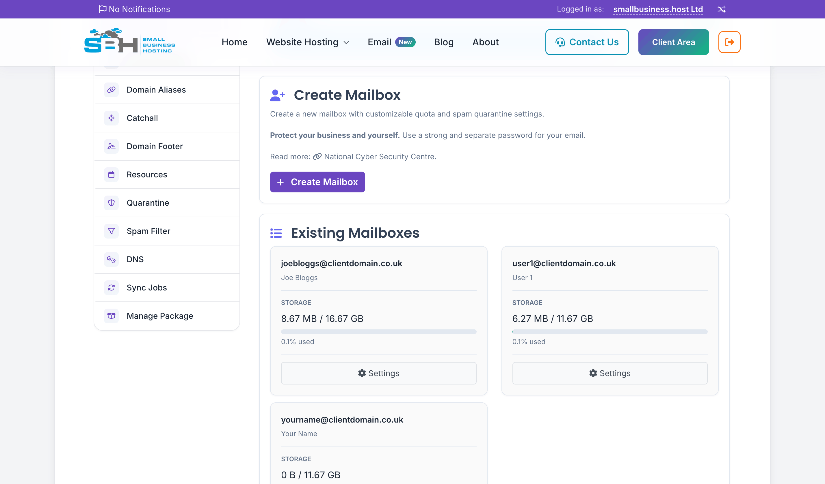 Control panel page listing all mailboxes in the account with their email addresses, quota usage, and status