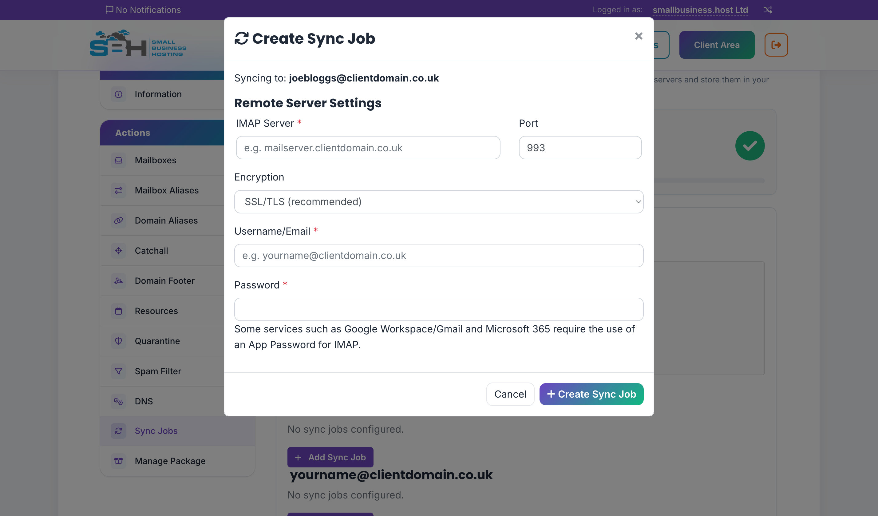 Create Sync Job dialog showing fields for IMAP server address, port, encryption type, username, and password