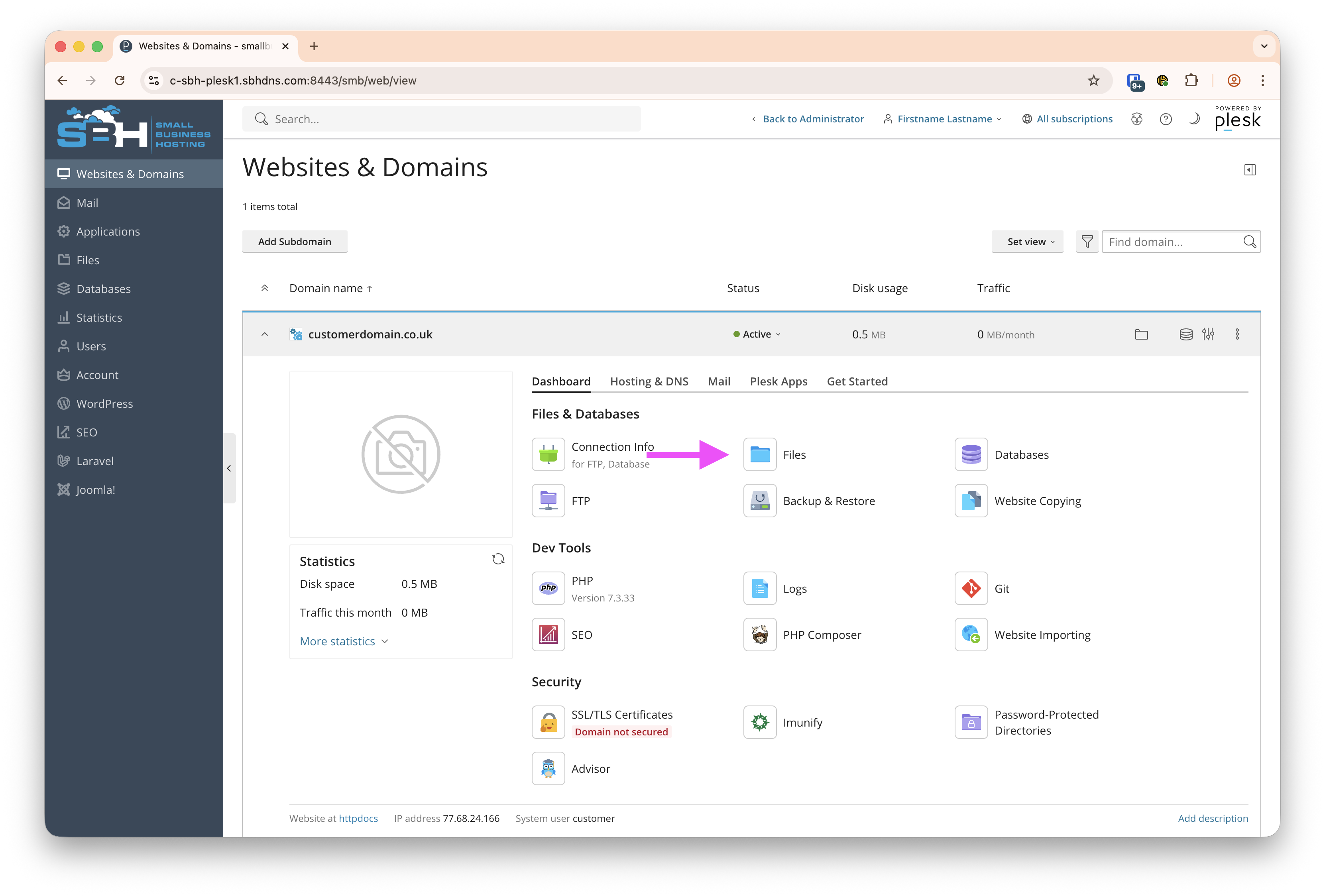Plesk screenshot: Files