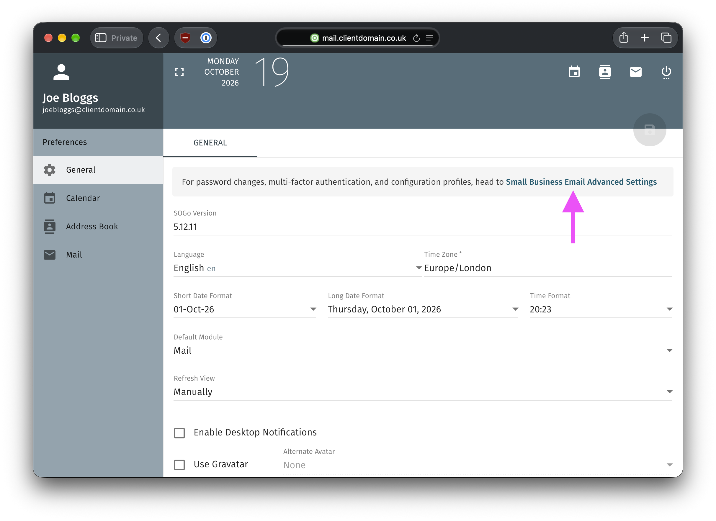 Click the Small Business Email Advanced Settings link